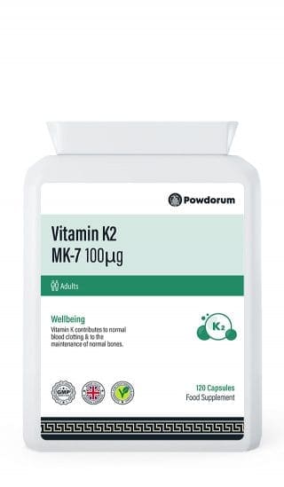 Powdorum Vitamin K2 MK-7 100µg capsules for bone health, calcium regulation, and cardiovascular support