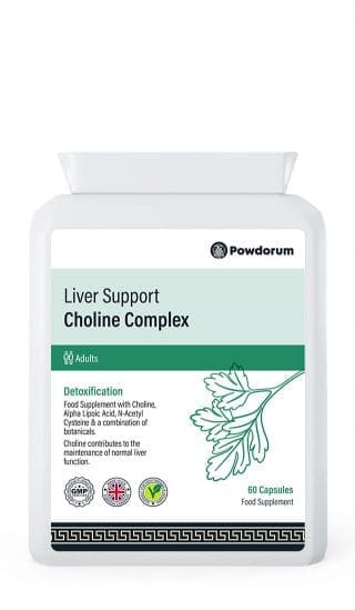 Powdorum Liver Support Choline Complex capsules with choline, milk thistle, artichoke, and dandelion root for liver health and detoxification