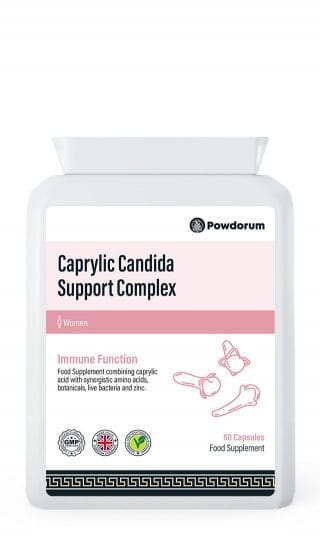 Powdorum Caprylic Candida Support Complex capsules with caprylic acid, probiotics, and antifungal herbs for Candida and gut health support