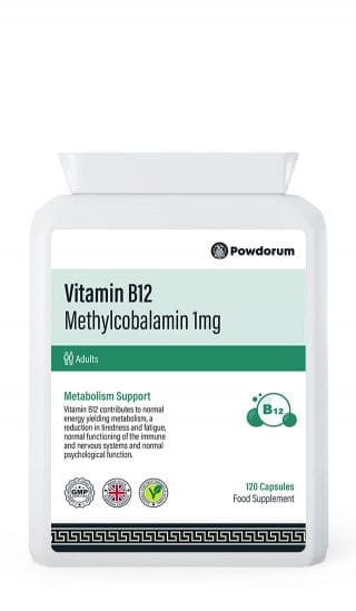 Powdorum Vitamin B12 Methylcobalamin capsules with high-strength 1mg dose for energy, nervous system health, and red blood cell formation