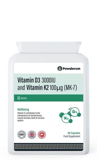 Powdorum Vitamin D3 3000IU and Vitamin K2 100µg capsules for bone health, calcium regulation, and cardiovascular support