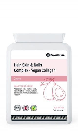 Powdorum Hair, Skin & Nails Complex with vegan collagen, biotin, Vitamin C, and silica for healthy hair, radiant skin, and strong nails