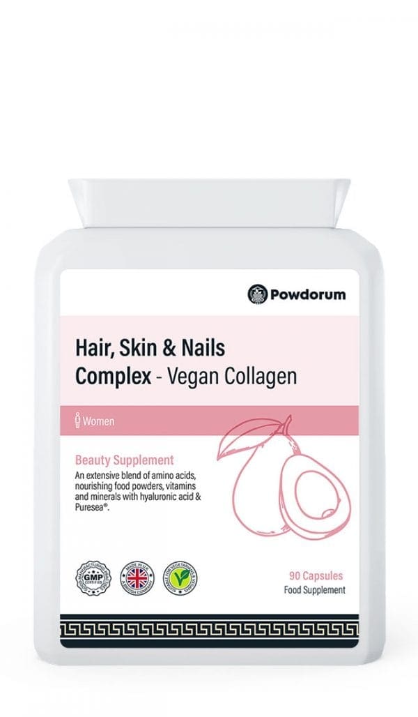 Powdorum Hair, Skin & Nails Complex with vegan collagen, biotin, Vitamin C, and silica for healthy hair, radiant skin, and strong nails
