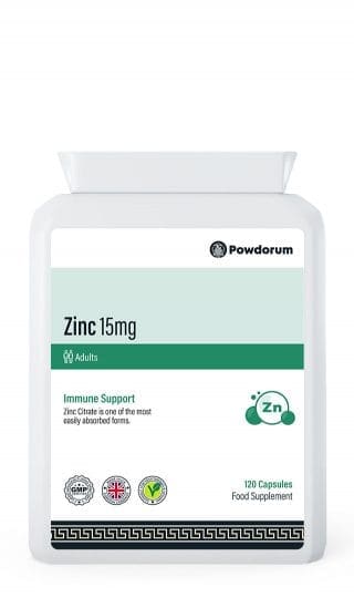 Powdorum Zinc 15mg capsules with high-potency zinc citrate for immune support, skin health, and daily vitality