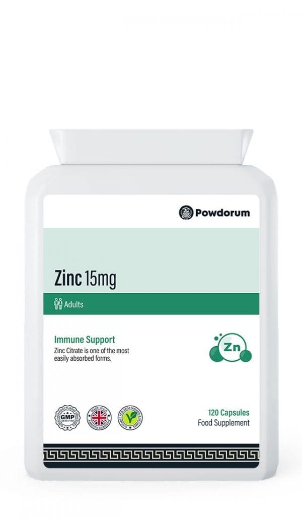 Powdorum Zinc 15mg capsules with high-potency zinc citrate for immune support, skin health, and daily vitality