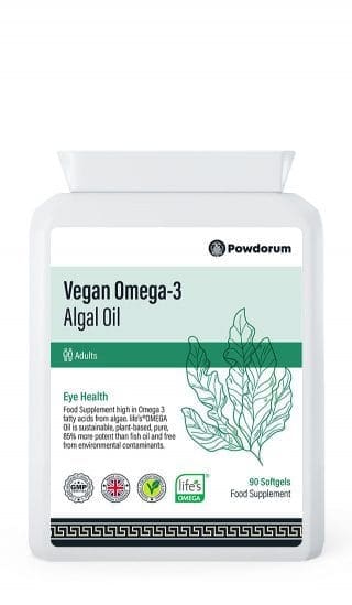Powdorum Vegan Omega-3 Algal Oil softgels with DHA and Vitamin E for brain, heart, and eye health, sustainably sourced and plant-based