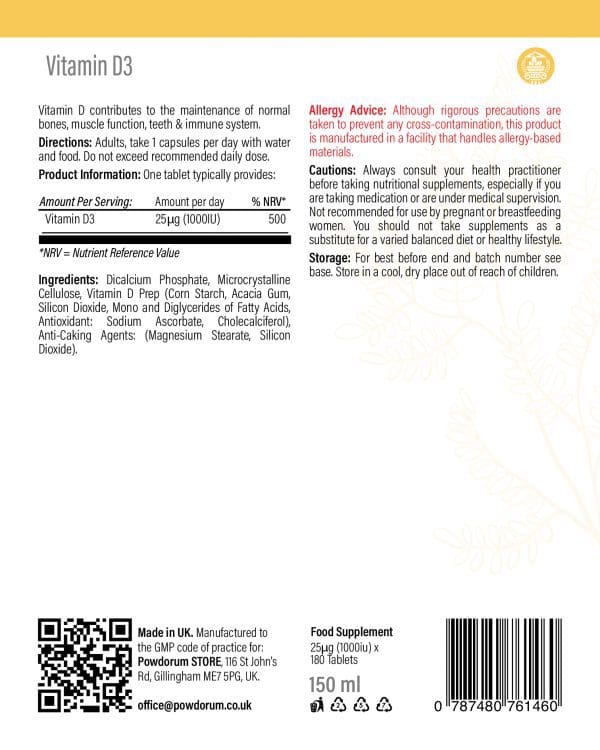 Vitamin D3 1000IU (25µg) - 180 Vegan Tablets leaflet